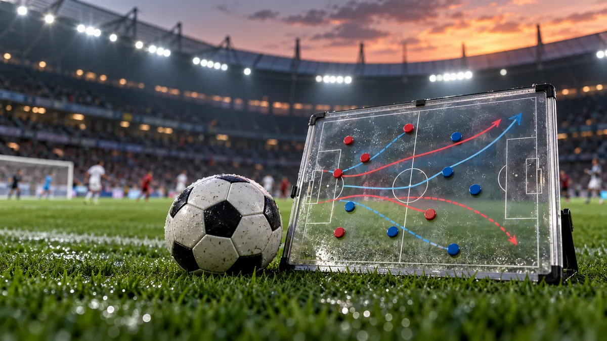 En våt fotboll ligger på gräset bredvid en genomskinlig taktiktavla med röda och blå magneter samt böjda pilar, medan en upplyst arena och suddiga spelare syns i bakgrunden vid solnedgång.